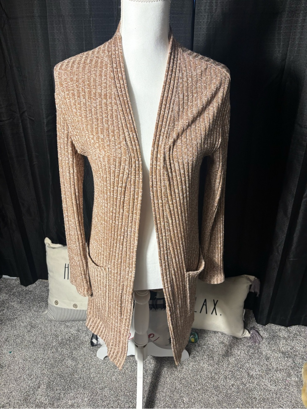 Tickled Teal Ribbed Open-Front Cardigan in Light Brown - Size M